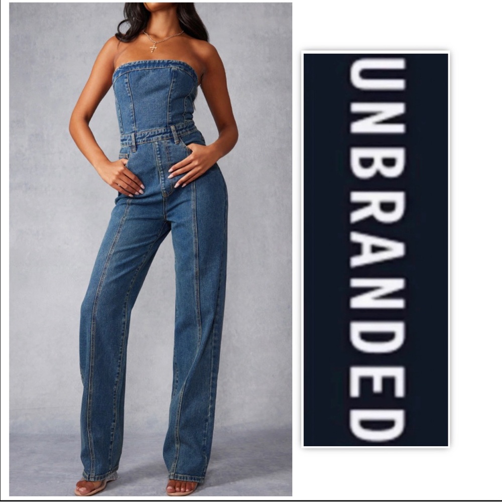 UNBRANDED WASH BANDEAU STYLE STRAIGHT LEG DENIM JUMPSUIT